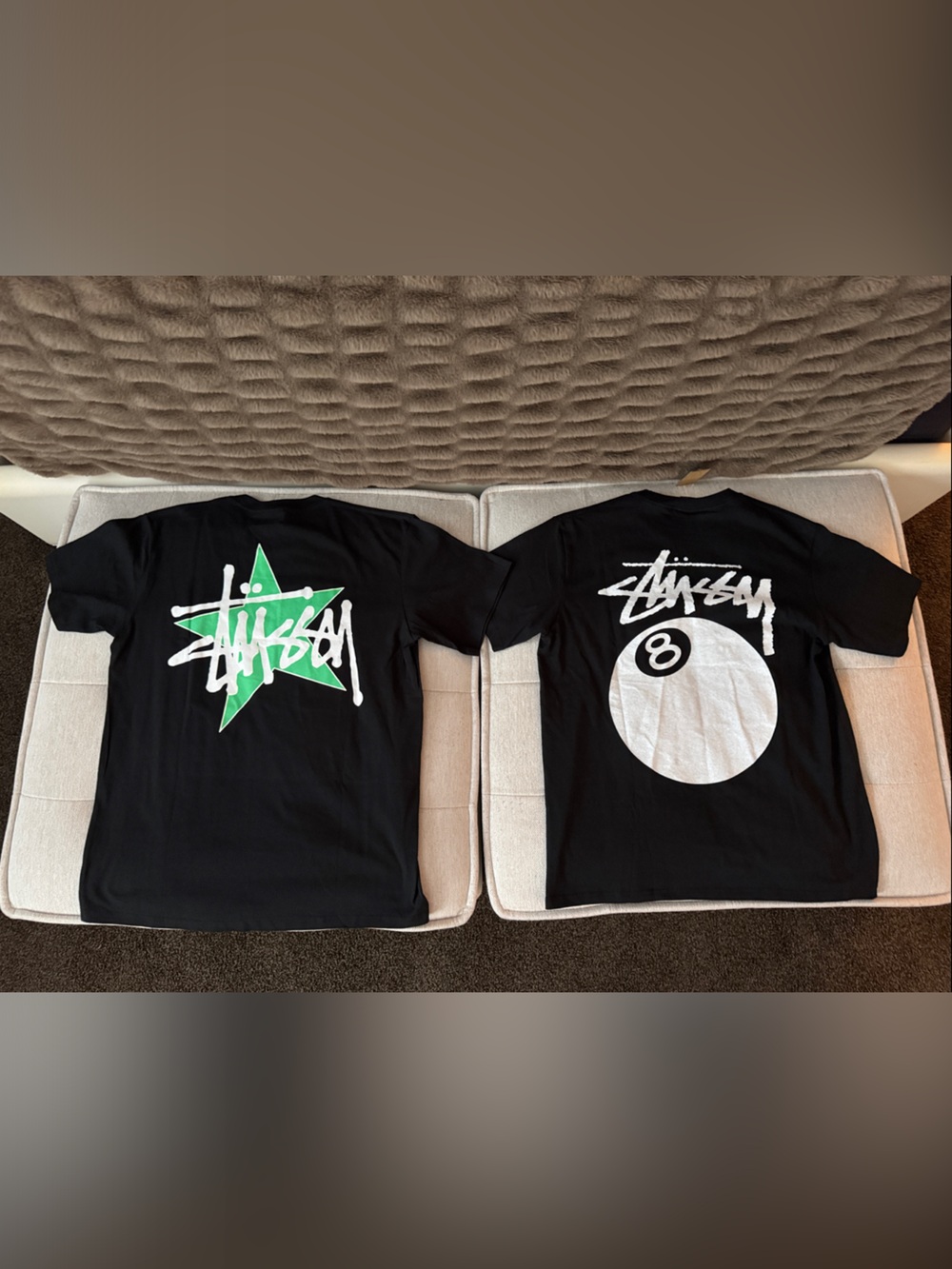 STUSSY Graphic Black T-Shirts with Green & White Logos
